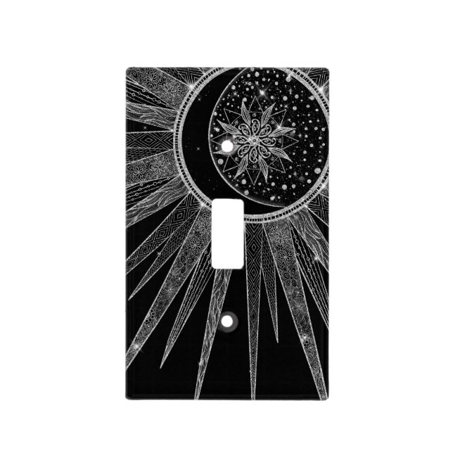 Elegant Silver Sun Moon Mandala Black Design Light Switch Cover (Front)