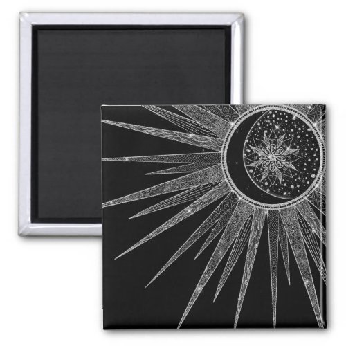 Elegant Silver Sun Moon Mandala Black Design Magnet