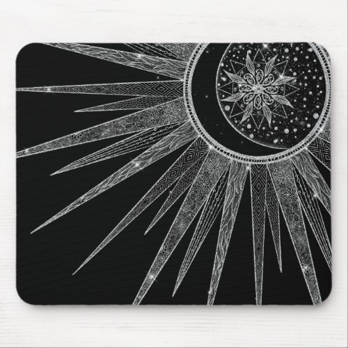 Elegant Silver Sun Moon Mandala Black Design Mouse Pad