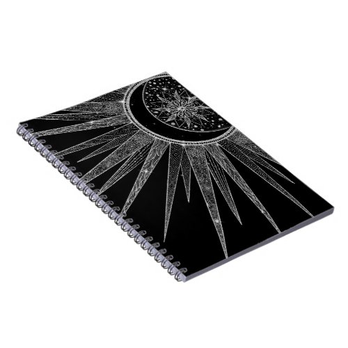 Elegant Silver Sun Moon Mandala Black Design Notebook