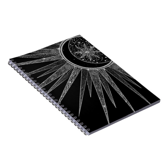 Elegant Silver Sun Moon Mandala Black Design Notebook (Right Side)