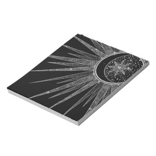 Elegant Silver Sun Moon Mandala Black Design Notepad
