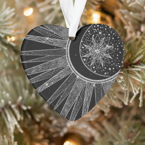 Elegant Silver Sun Moon Mandala Black Design Ornament