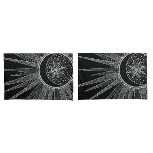 Elegant Silver Sun Moon Mandala Black Design Pillow Case