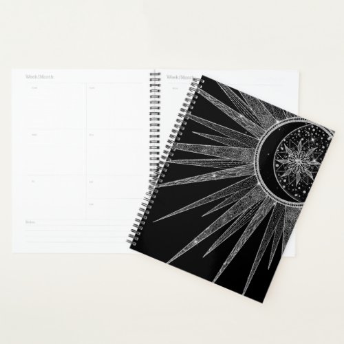 Elegant Silver Sun Moon Mandala Black Design Planner