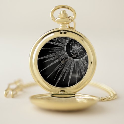 Elegant Silver Sun Moon Mandala Black Design Pocket Watch