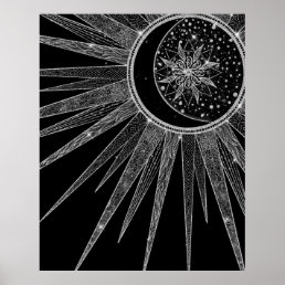 Elegant Silver Sun Moon Mandala Black Design Poster