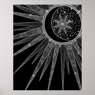 Elegant Silver Sun Moon Mandala Black Design Poster
