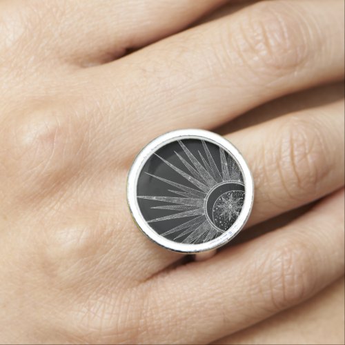 Elegant Silver Sun Moon Mandala Black Design Ring