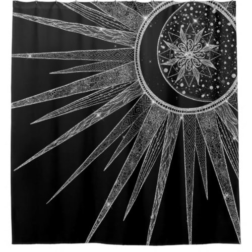 Elegant Silver Sun Moon Mandala Black Design Shower Curtain