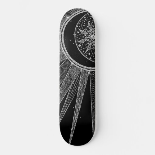 Elegant Silver Sun Moon Mandala Black Design Skateboard