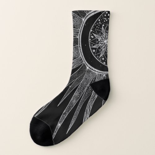 Elegant Silver Sun Moon Mandala Black Design Socks