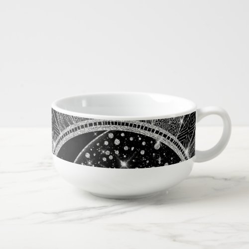 Elegant Silver Sun Moon Mandala Black Design Soup Mug