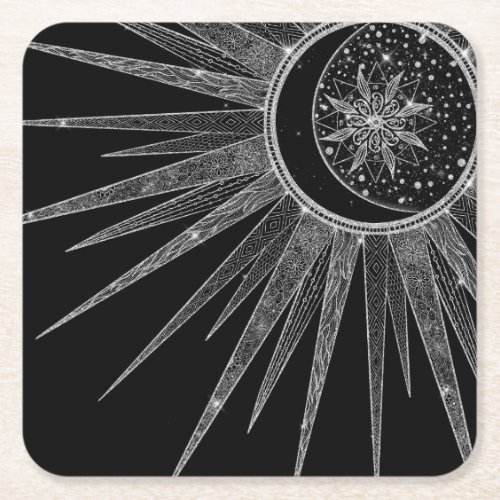 Elegant Silver Sun Moon Mandala Black Design Square Paper Coaster