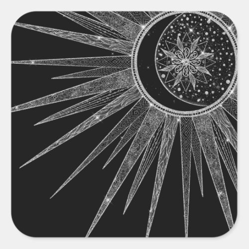 Elegant Silver Sun Moon Mandala Black Design Square Sticker