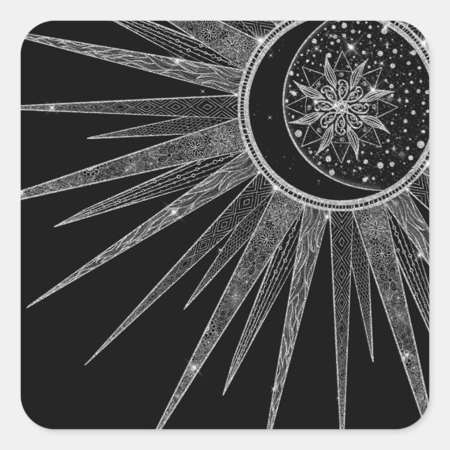 Elegant Silver Sun Moon Mandala Black Design Square Sticker (Front)