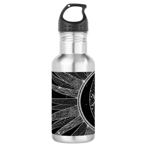 Elegant Silver Sun Moon Mandala Black Design Stainless Steel Water Bottle