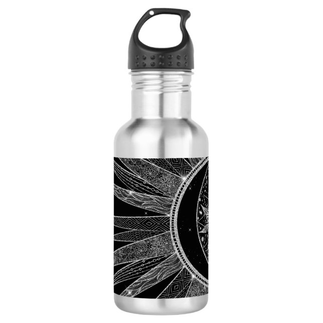 Elegant Silver Sun Moon Mandala Black Design Stainless Steel Water Bottle (Front)