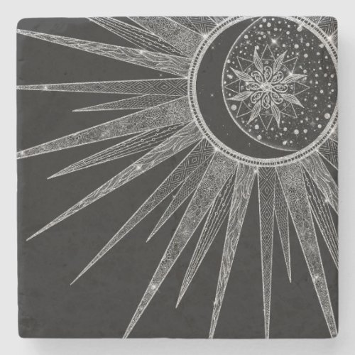 Elegant Silver Sun Moon Mandala Black Design Stone Coaster