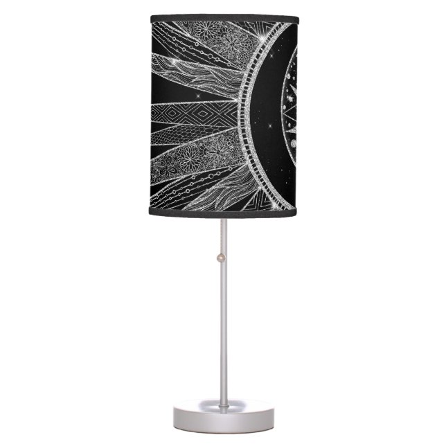 Elegant Silver Sun Moon Mandala Black Design Table Lamp (Front)