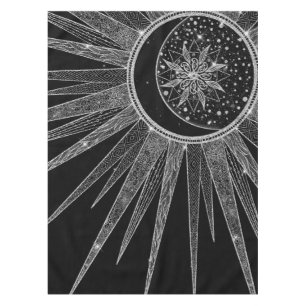 Elegant Silver Sun Moon Mandala Black Design Tablecloth