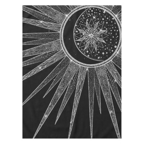 Elegant Silver Sun Moon Mandala Black Design Tablecloth