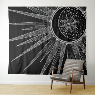 Elegant Silver Sun Moon Mandala Black Design Tapestry