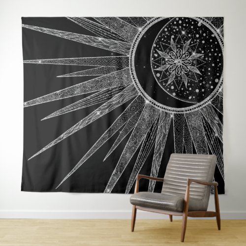 Elegant Silver Sun Moon Mandala Black Design Tapestry