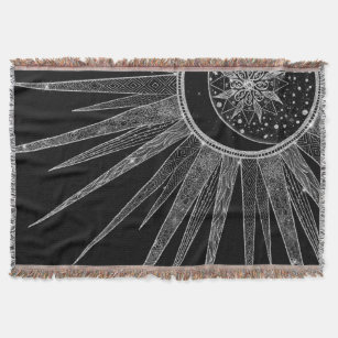 Elegant Silver Sun Moon Mandala Black Design Throw Blanket