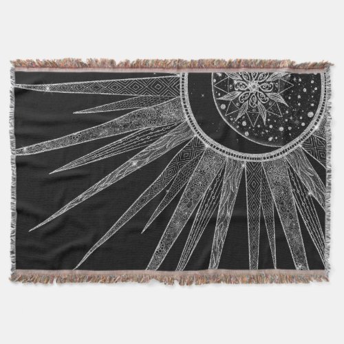 Elegant Silver Sun Moon Mandala Black Design Throw Blanket