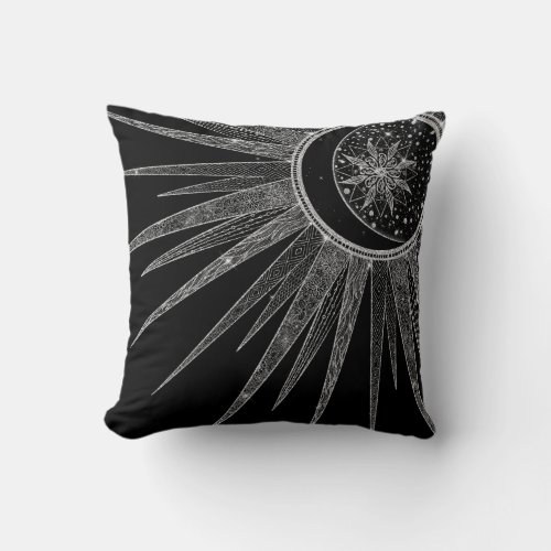 Elegant Silver Sun Moon Mandala Black Design Throw Pillow