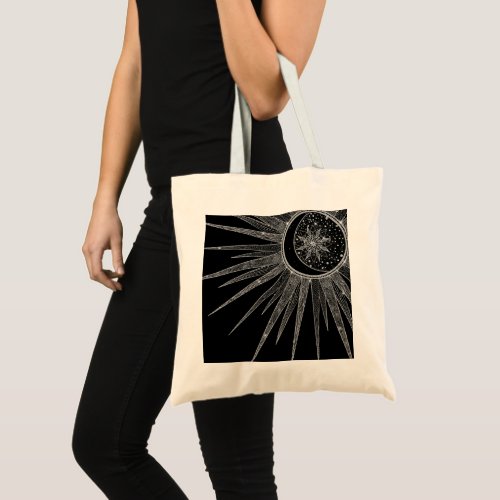 Elegant Silver Sun Moon Mandala Black Design Tote Bag