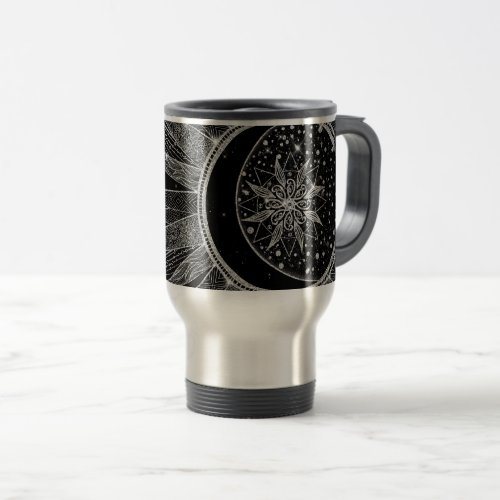 Elegant Silver Sun Moon Mandala Black Design Travel Mug