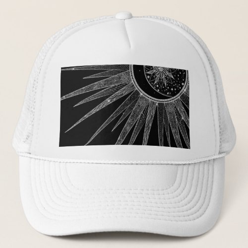 Elegant Silver Sun Moon Mandala Black Design Trucker Hat