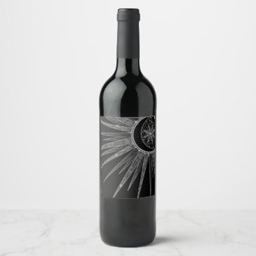 Elegant Silver Sun Moon Mandala Black Design Wine Label