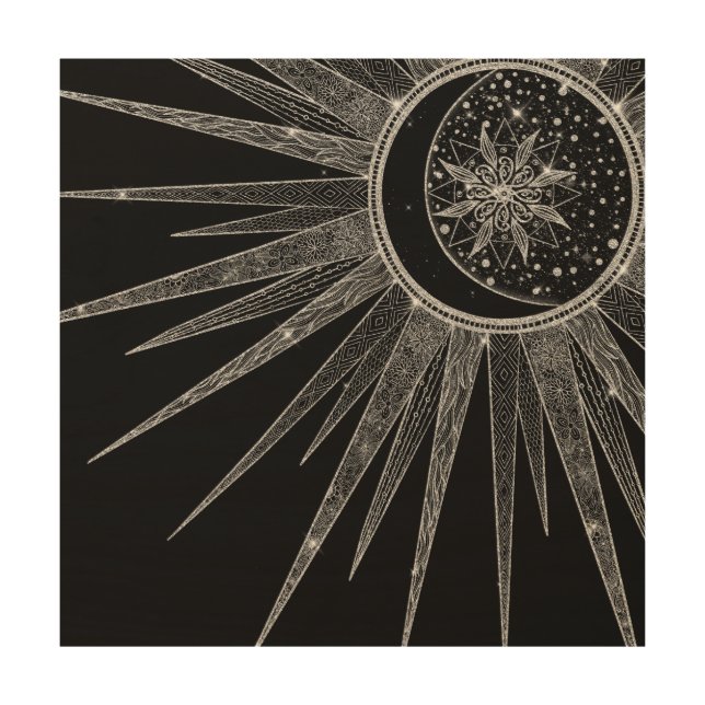 Elegant Silver Sun Moon Mandala Black Design Wood Wall Art (Front)