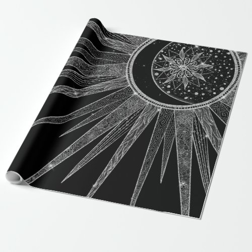 Elegant Silver Sun Moon Mandala Black Design Wrapping Paper