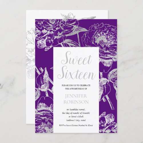 Elegant Silver Sweet 16 Floral Foil Purple Invitation