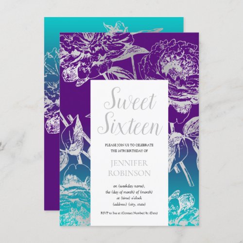 Elegant Silver Sweet 16 Floral Foil Teal Purple Invitation