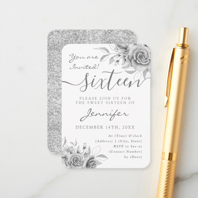 Elegant Silver Sweet 16 Glitter Floral Invite  (Front/Back In Situ)
