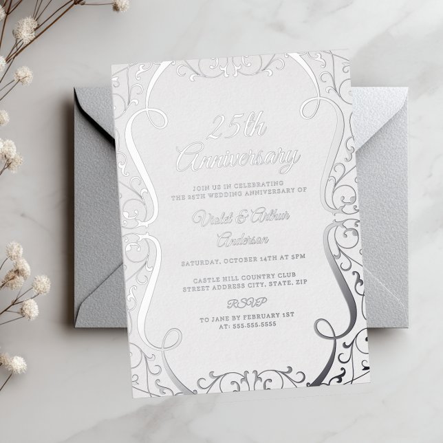 Elegant Silver Swirl 25th Wedding Anniversary Foil Invitation (Creator Uploaded)