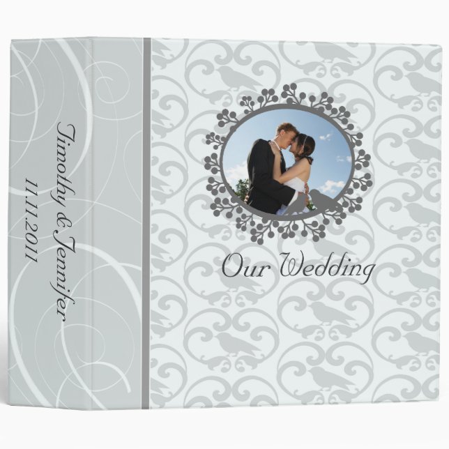 Elegant silver swirls bird damask wedding binder (Front/Spine)