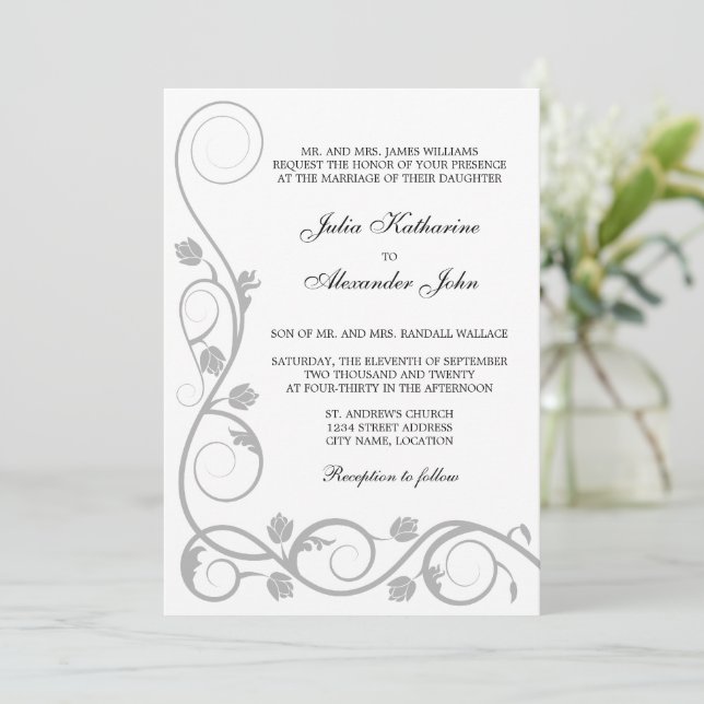 Elegant Silver Swirls Invitation (Standing Front)