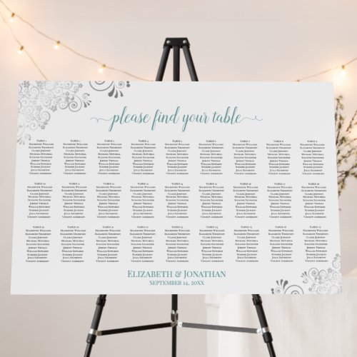 Elegant Silver &amp; Teal 27 Table White Seating Chart Foam Board
