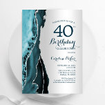 Elegant Silver Teal Agate 40th Birthday Invitation<br><div class="desc">Teal and silver agate 40th birthday party invitation. Elegant modern design featuring watercolor agate marble geode background,  faux glitter silver and typography script font. Trendy invite card perfect for a stylish women's bday celebration. Printed Zazzle invitations or instant download digital printable template.</div>