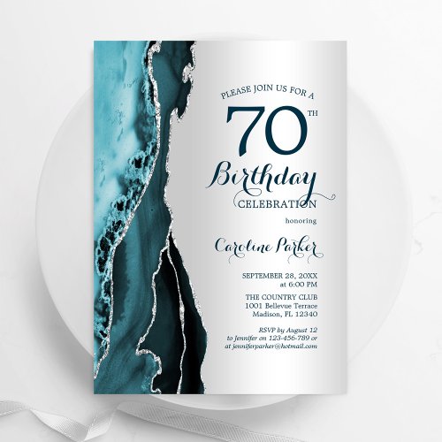Elegant Silver Teal Agate 70th Birthday