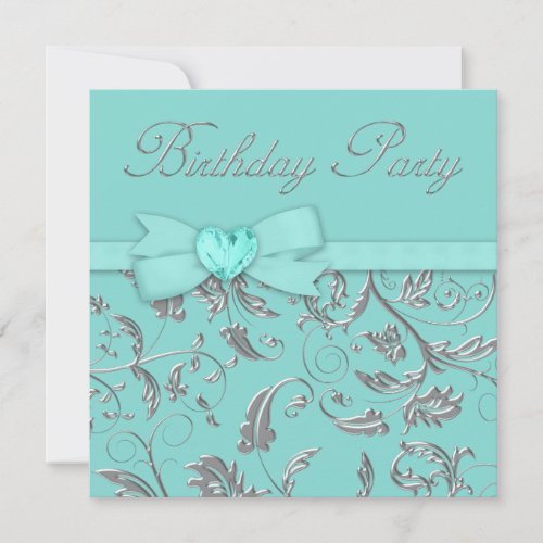 Elegant Silver Teal Blue Birthday Party Custom Invitation