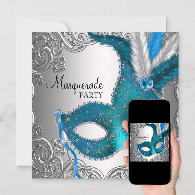 Elegant Silver Teal Blue Masquerade Party Invitation Zazzle