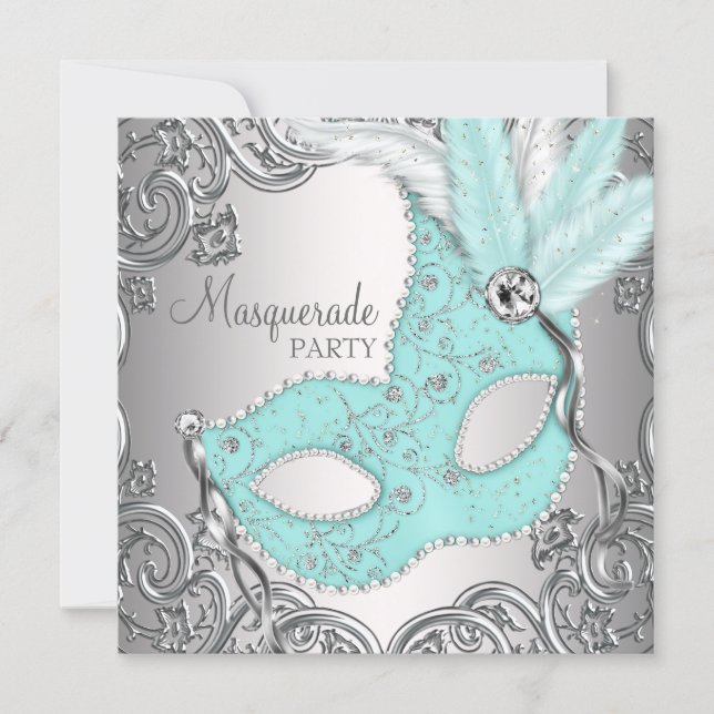 Elegant Silver Teal Blue Masquerade Party Invitation (Front)