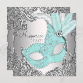 Elegant Silver Teal Blue Masquerade Party Invitation (Front/Back)